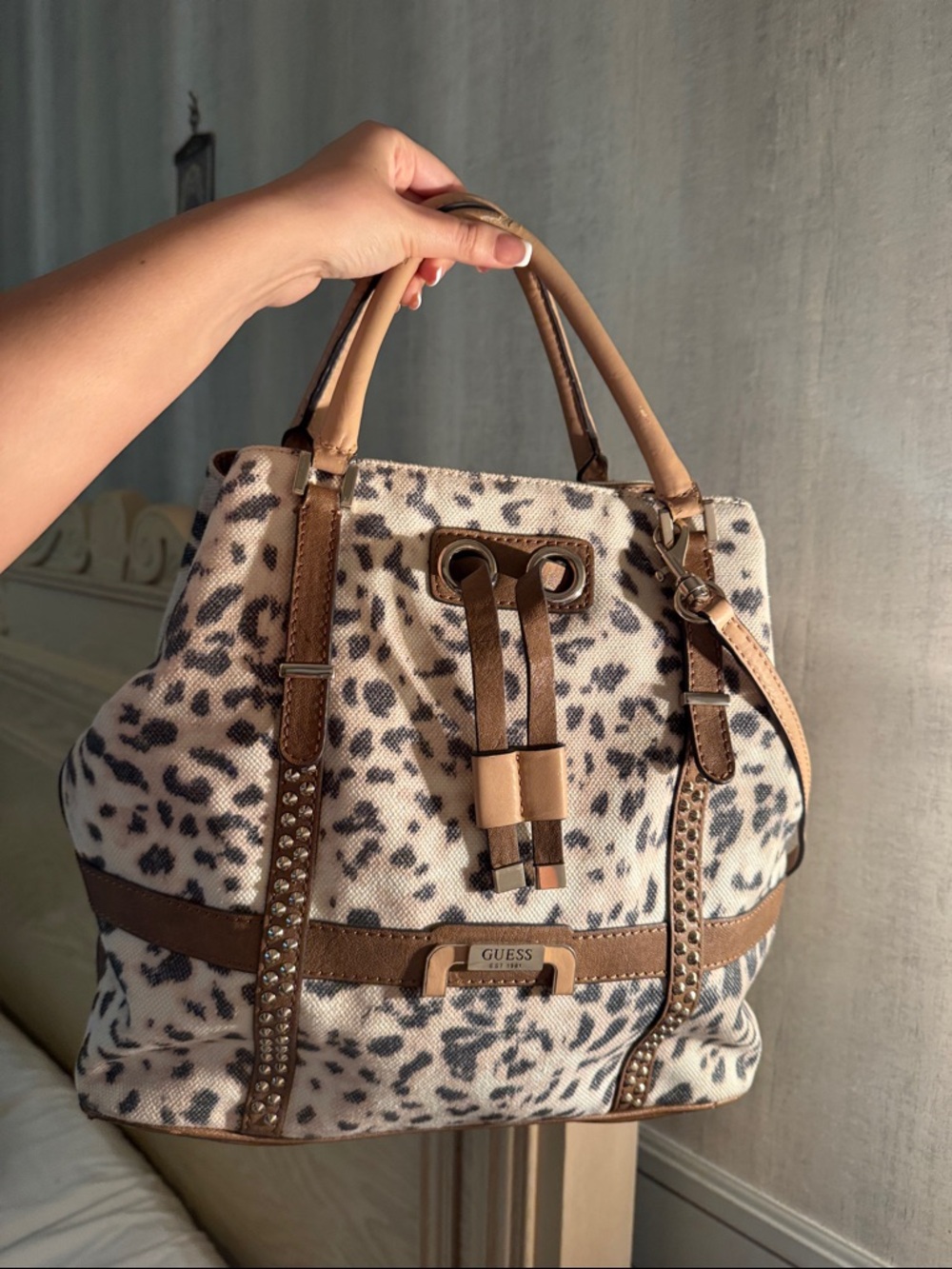 GUESS Leopard-Print Canvas Tote in Beige & Brown Trim